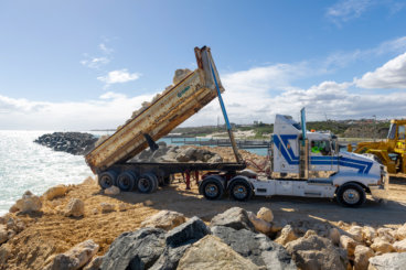 Ocean Reef Marina, start of rock wall construction. 13/4/21. Development WA.  Ocean Reef Marina, start of rock wall construction