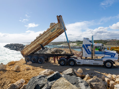 Ocean Reef Marina, start of rock wall construction. 13/4/21. Development WA.  Ocean Reef Marina, start of rock wall construction