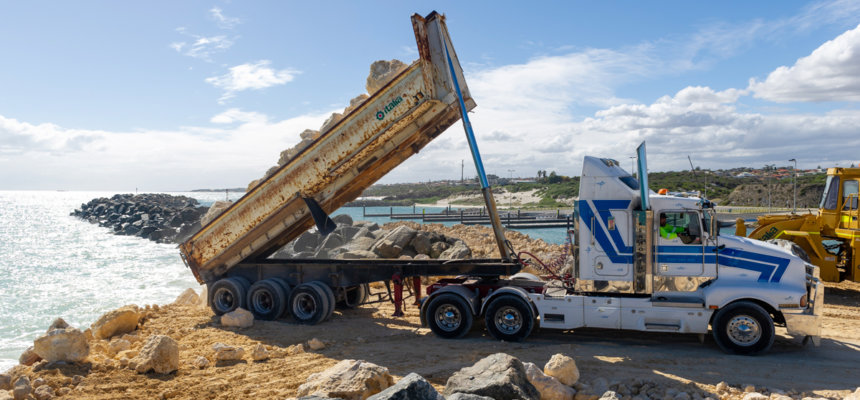 Ocean Reef Marina, start of rock wall construction. 13/4/21. Development WA.  Ocean Reef Marina, start of rock wall construction Taylor Burrell Barnett