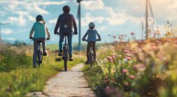 A family choosing to ride bicycles instead of driving to reduce their carbon footprint and promote environmental conservation
