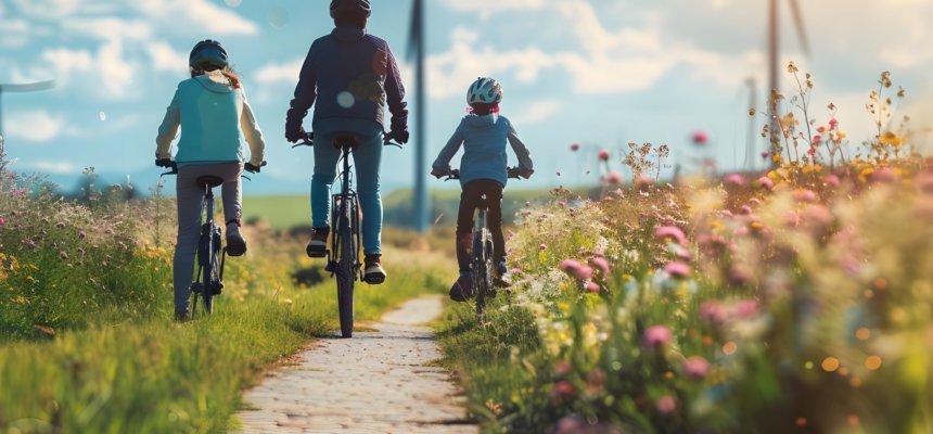 A family choosing to ride bicycles instead of driving to reduce their carbon footprint and promote environmental conservation Taylor Burrell Barnett